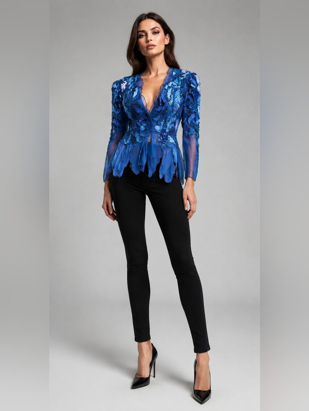 Blue Sequin Appliqué Sheer Ruffle Statement Top S